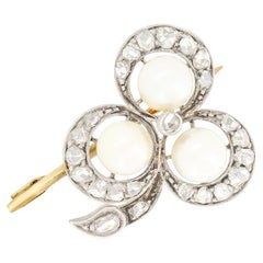 Victorian Pearl and Diamond Clover Brooch, c.1880s