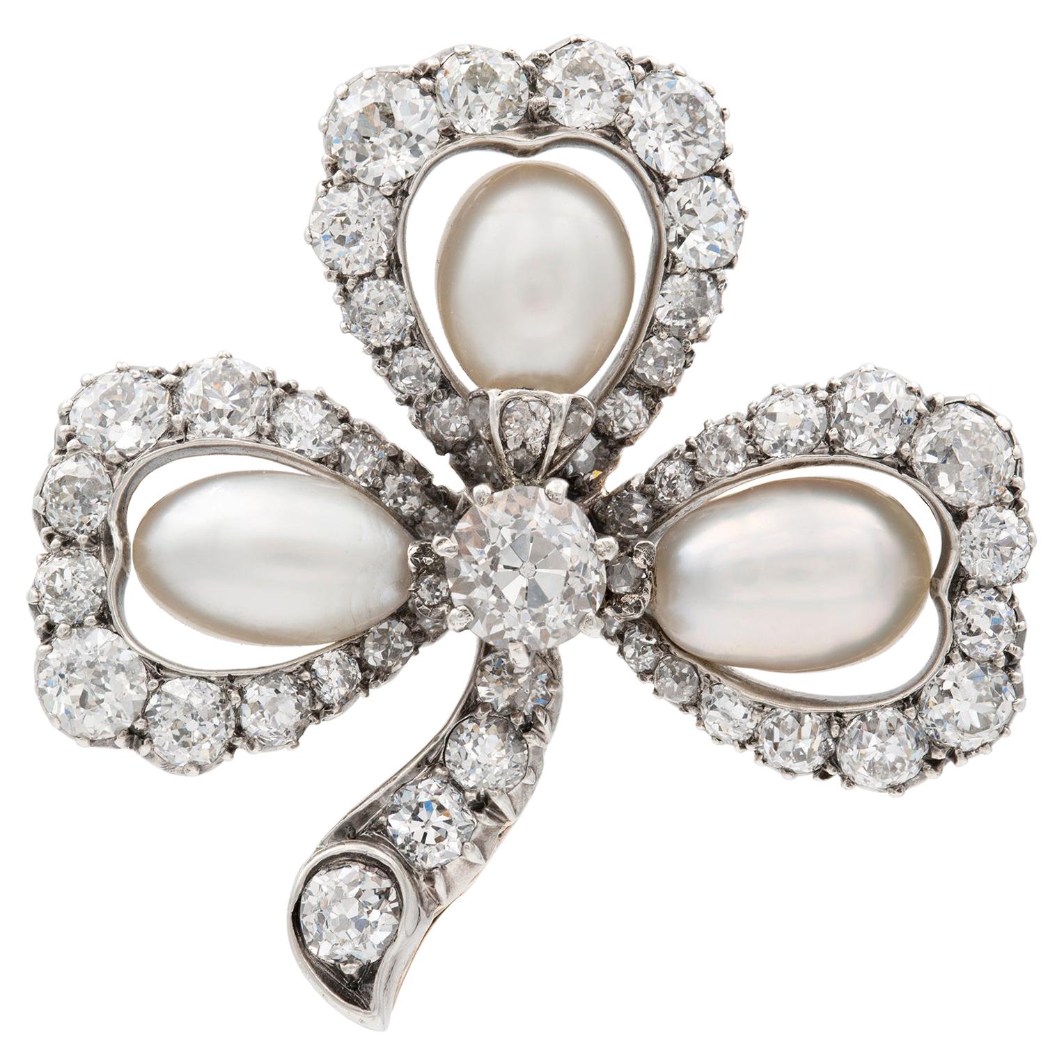 Victorian Pearl and Diamond Cluster Clover Leaf Brooch For Sale