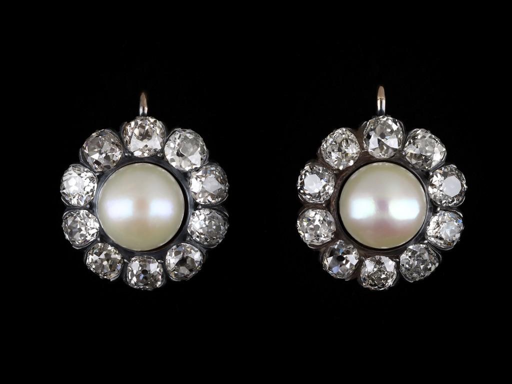 da uomo o donna Orecchini vittoriani con perle e diamanti a grappolo, 1880 circa in vendita
