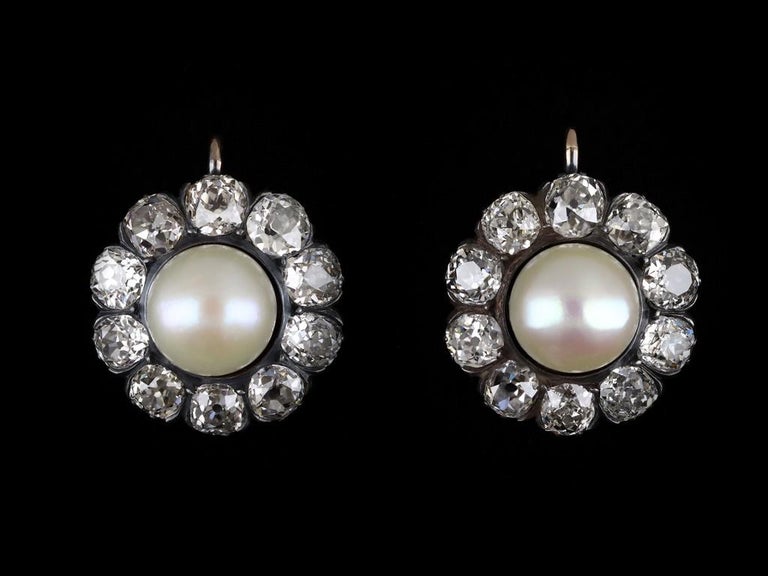 Victorian Pearl and Diamond Cluster Earrings, circa 1880 For Sale at