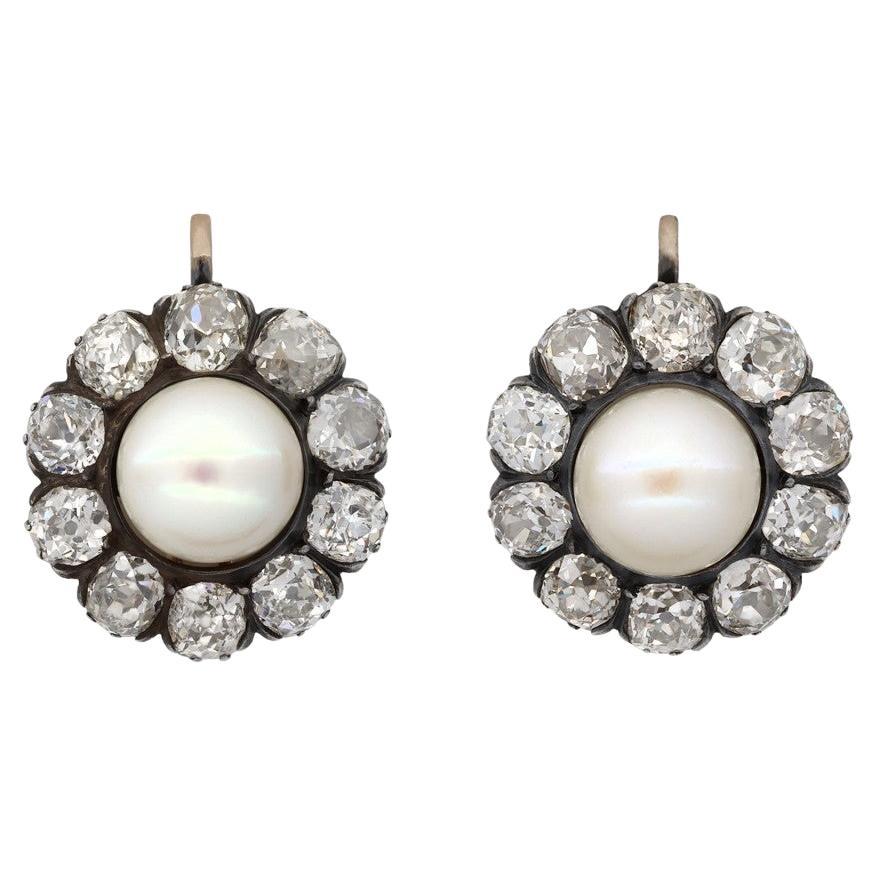 Victorian Pearl and Diamond Cluster Earrings, circa 1880 For Sale
