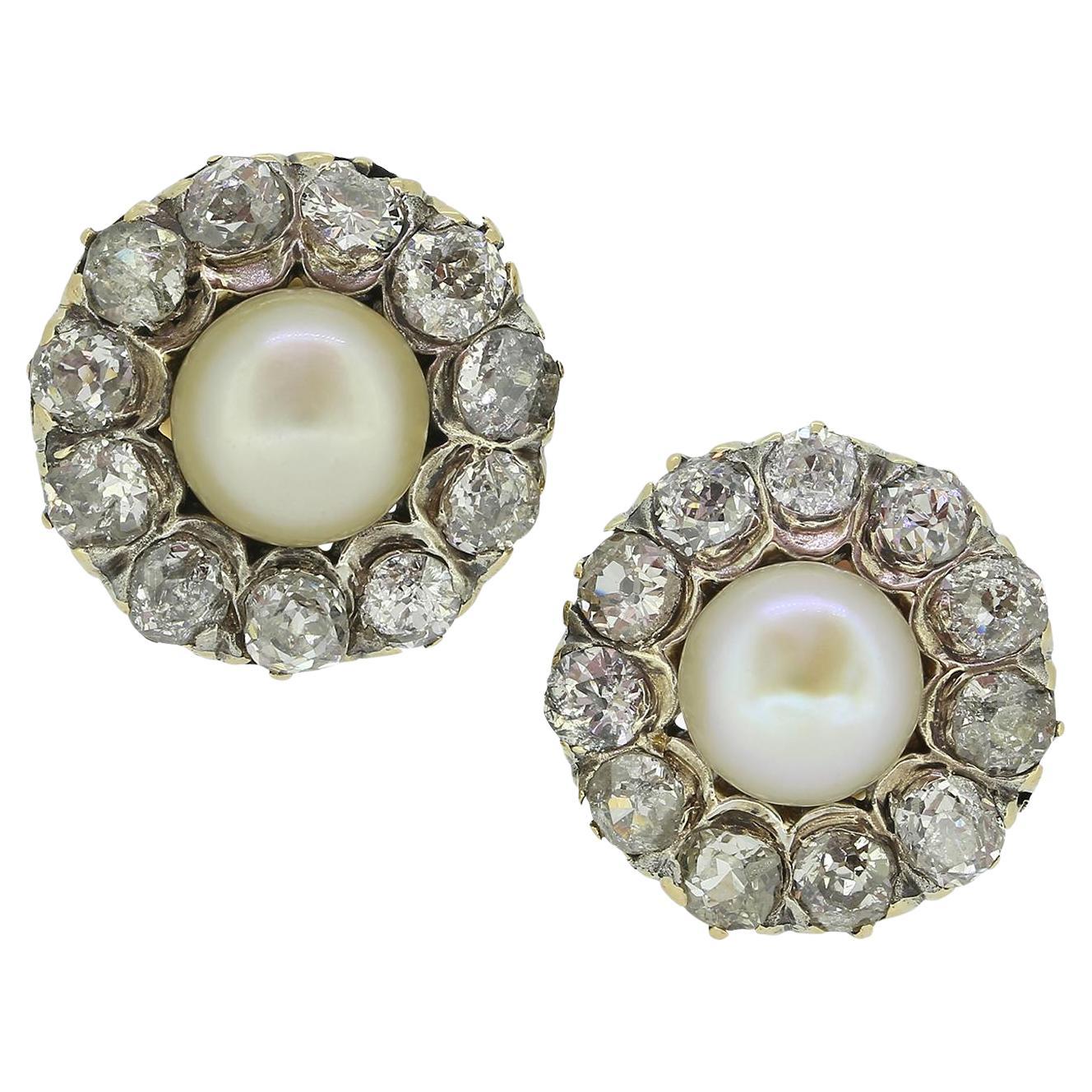 Victorian Pearl and Diamond Cluster Earrings