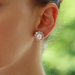 Victorian Pearl and Diamond Cluster Stud Earrings Set in 18k Yellow Gold