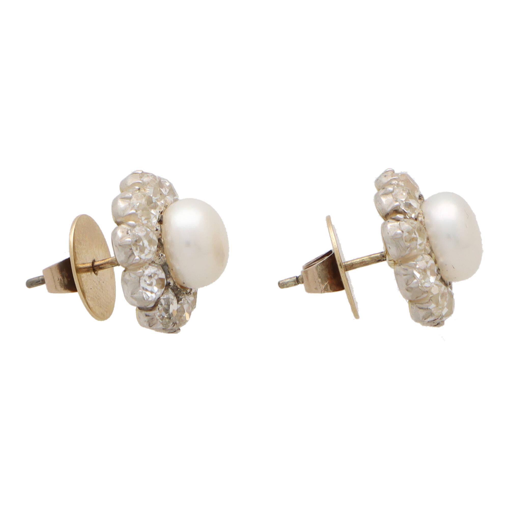 Victorian Pearl and Diamond Cluster Stud Earrings Set in 18k Yellow Gold In Excellent Condition For Sale In London, GB