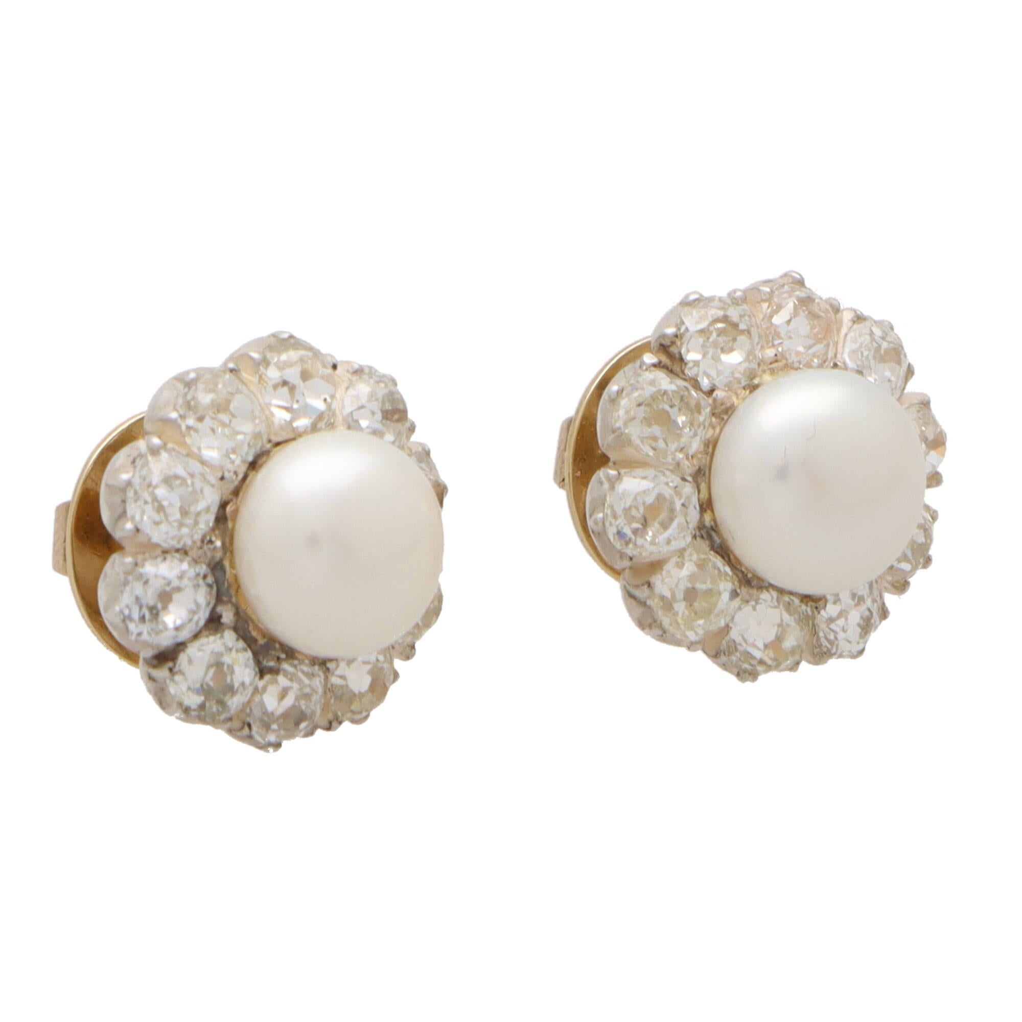 Victorian Pearl and Diamond Cluster Stud Earrings Set in 18k Yellow Gold For Sale 1