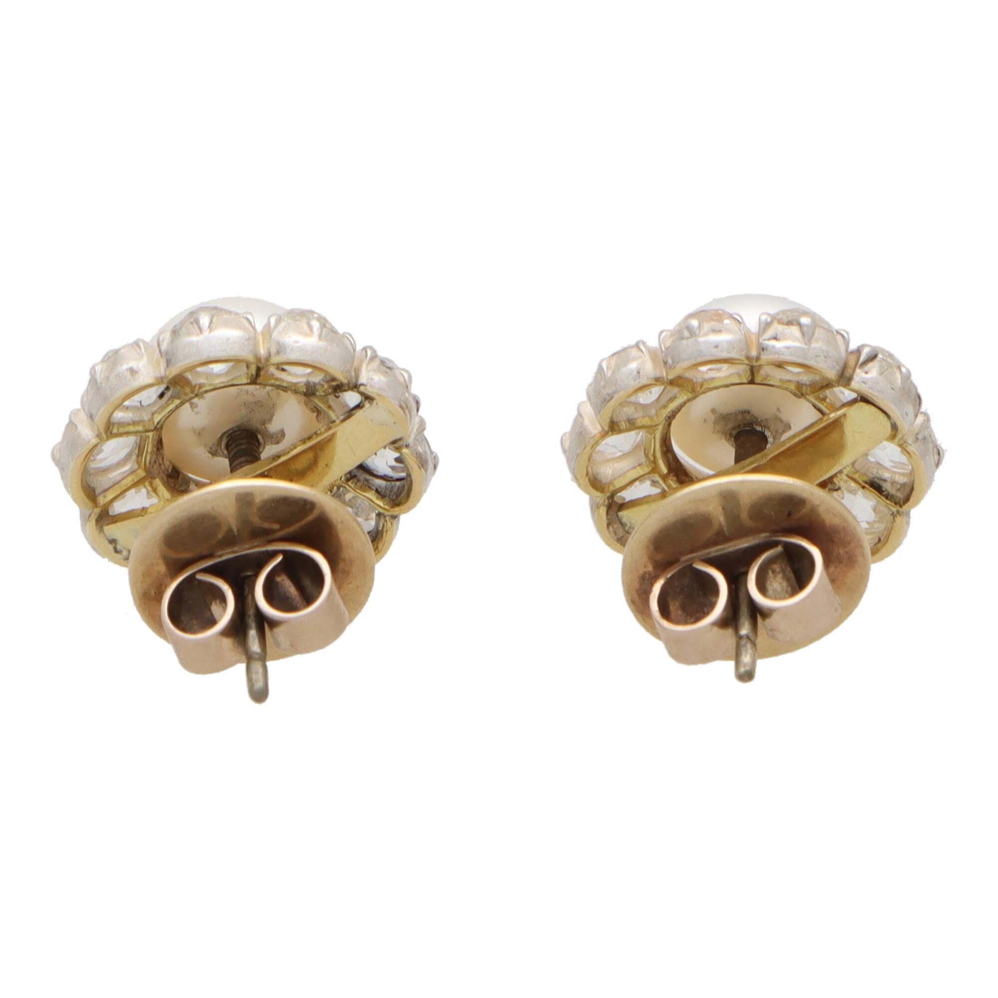 Victorian Pearl and Diamond Cluster Stud Earrings Set in 18k Yellow Gold For Sale 2