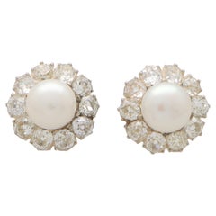 Antique Victorian Pearl and Diamond Cluster Stud Earrings Set in 18k Yellow Gold