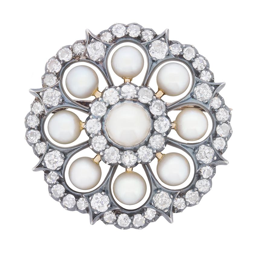 Old European Cut Victorian Pearl and Diamond Daisy Cluster Brooch, circa 1880s For Sale