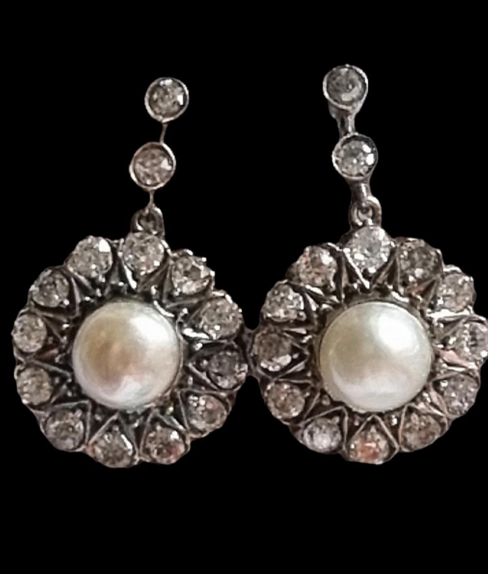 Old European Cut Victorian Pearl and Diamond Dangle Earrings ( Late 19Th / Early 20th Century) For Sale