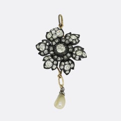 Antique Victorian Pearl and Diamond Flower Pendant