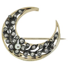 Victorian Pearl and Diamond Foliated Crescent Brooch