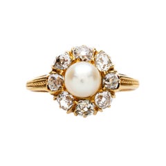 Victorian Pearl and Diamond Halo Cluster Engagement Ring