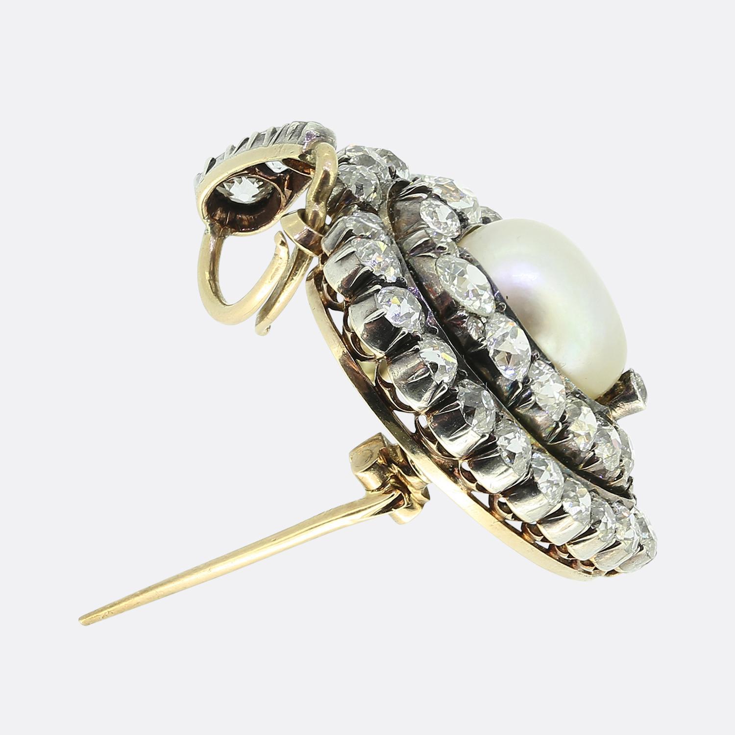Old Mine Cut Victorian Pearl and Diamond Heart Pendant Brooch