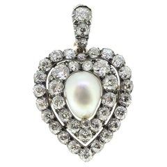 Victorian Pearl and Diamond Heart Pendant Brooch