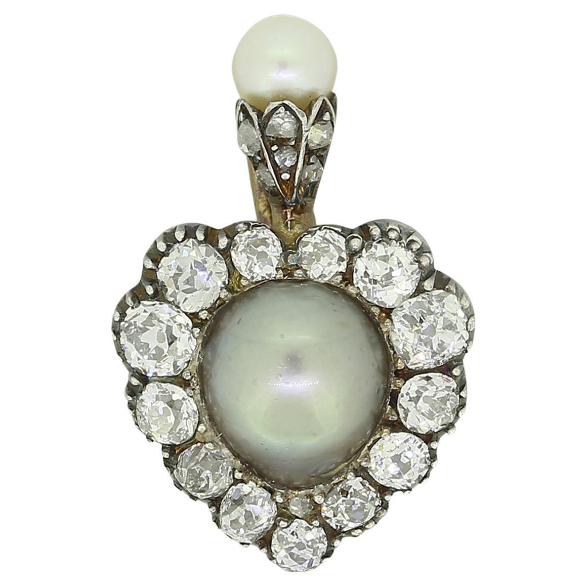 Pendentif victorien en forme de cœur avec perles et diamants