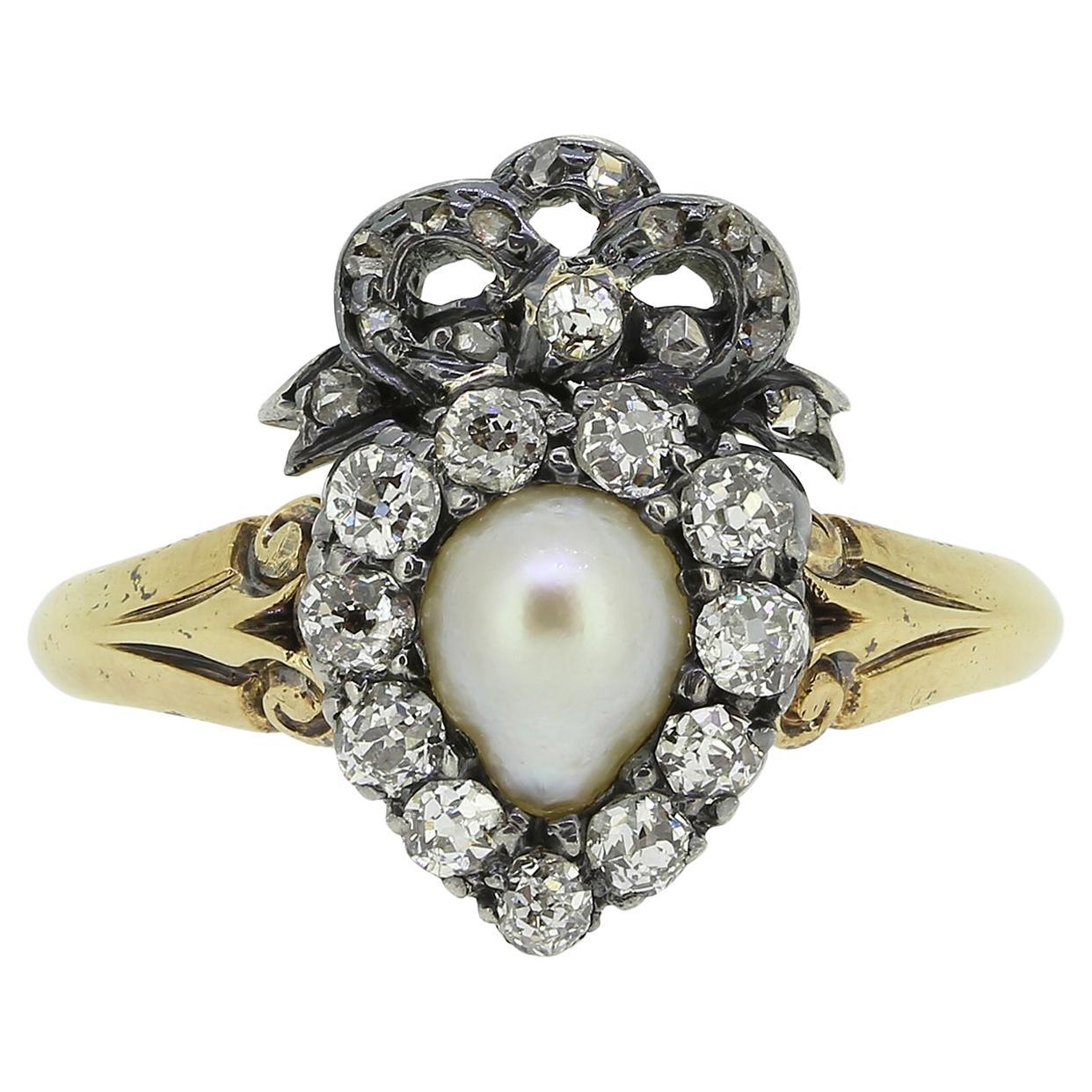 Victorian Pearl and Diamond Heart Ring For Sale