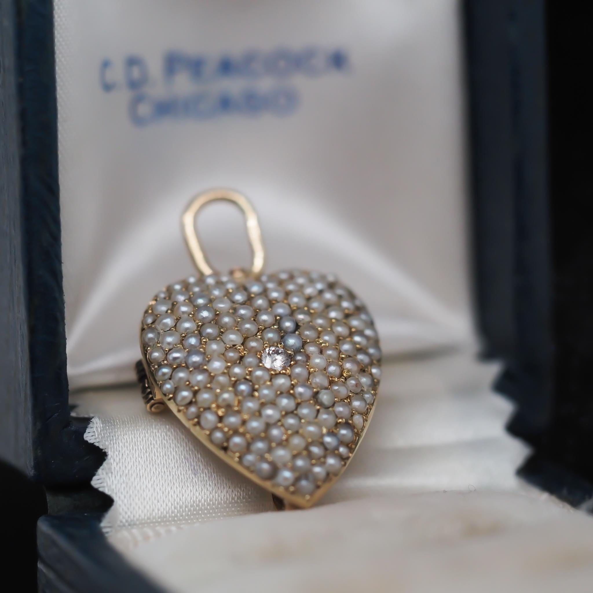 Women's Victorian Pearl and Diamond Heart Shape Pendant and Brooch For Sale