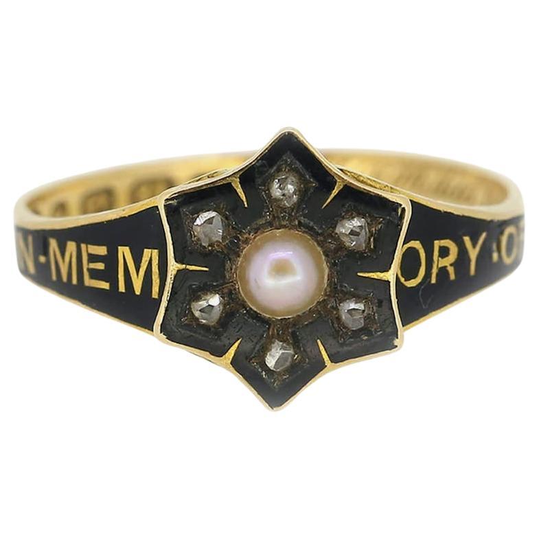 Viktorianischer Perlen- und Diamantring „In Memory of“ Trauerring im Angebot
