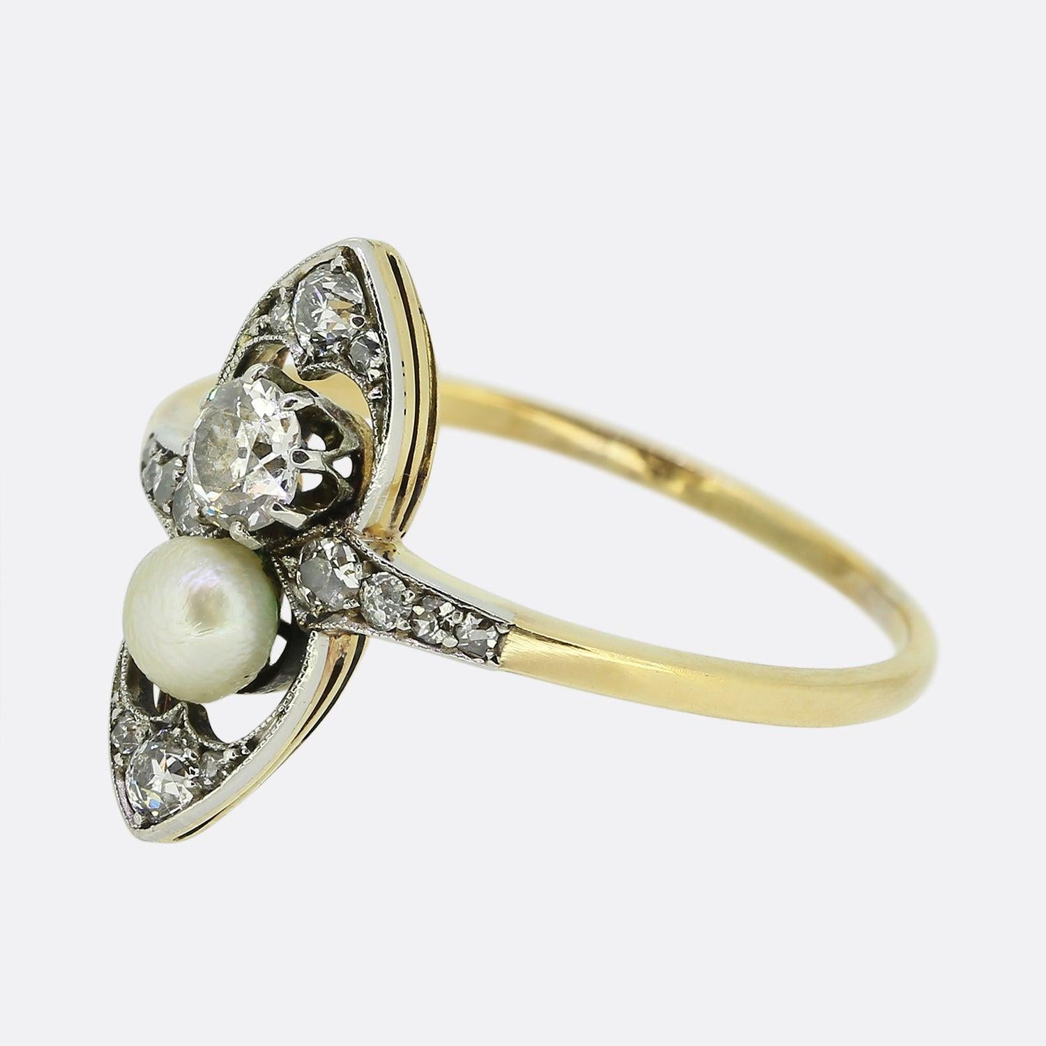 Here we have a delightful pearl and diamond navette ring dating back to the Victorian period. A charming pair of gemstones consisting of a round natural pearl and old European cut diamond sit slightly rise at the centre of an open boat-shaped face.