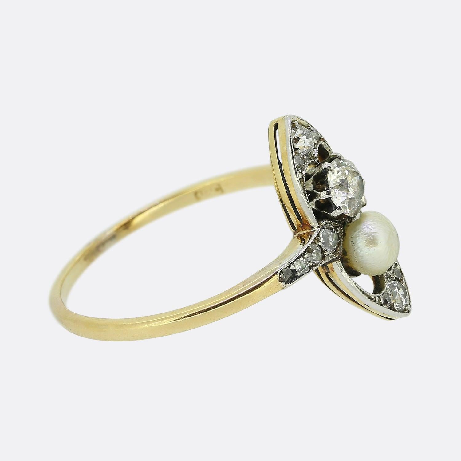 Old European Cut Victorian Pearl and Diamond Navette Ring For Sale