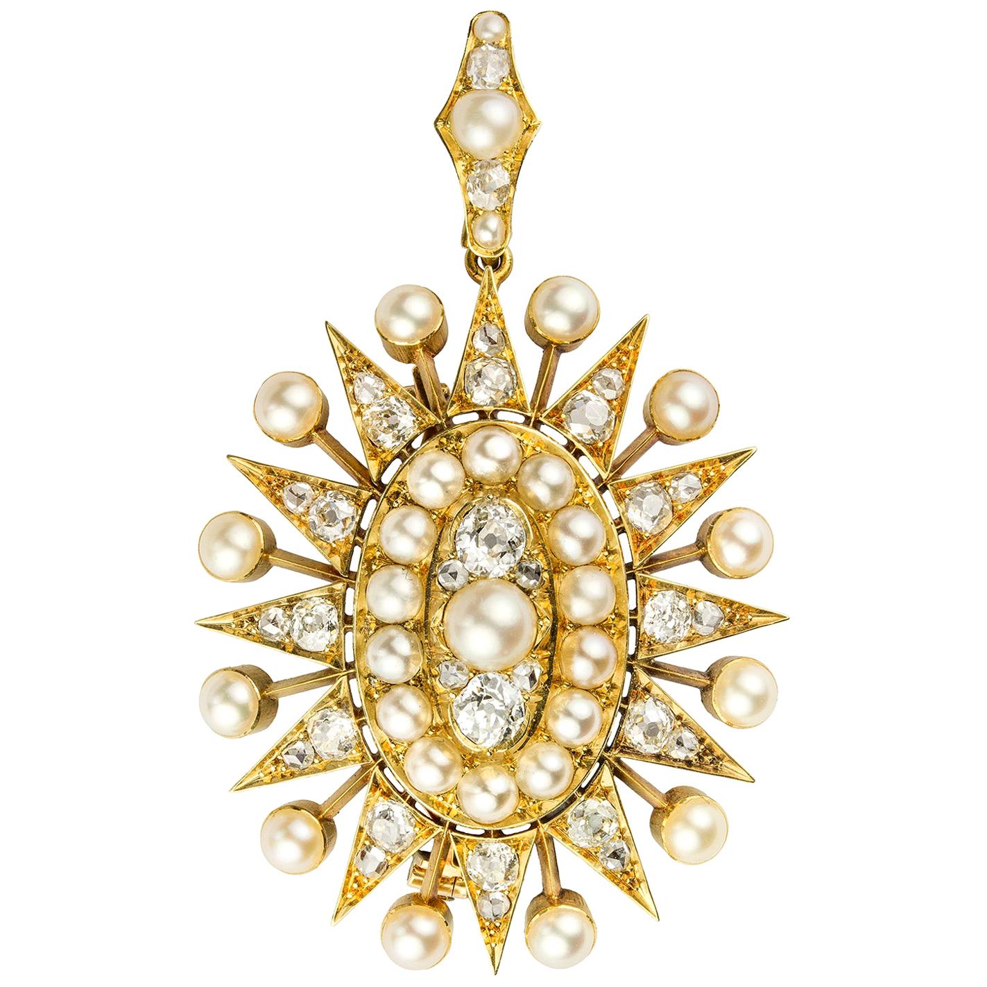 Victorian Pearl and Diamond Oval Star Pendant Brooch