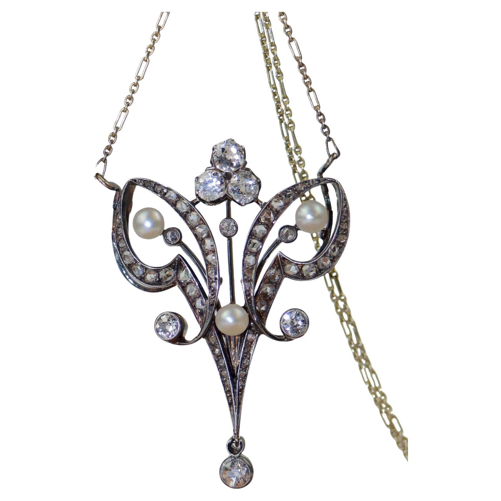 Victorian Pearl and Diamond Pendant Necklace For Sale at 1stDibs