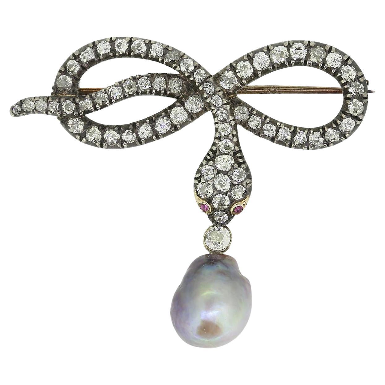 Victorian Pearl and Diamond Snake Brooch