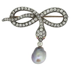 Victorian Pearl and Diamond Snake Brooch