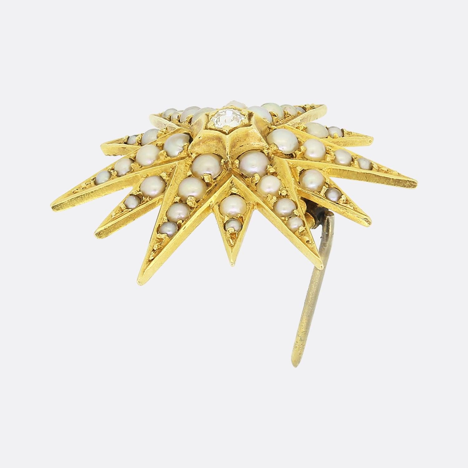 Round Cut Victorian Pearl and Diamond Starburst Brooch For Sale