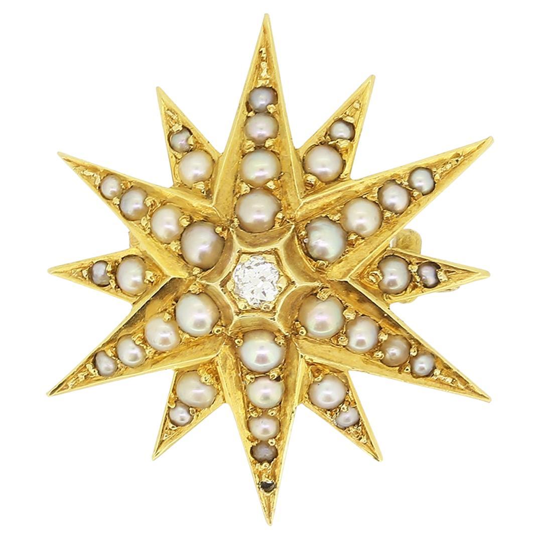 Victorian Pearl and Diamond Starburst Brooch For Sale