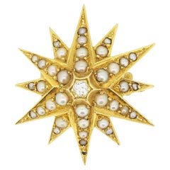 Antique Victorian Pearl and Diamond Starburst Brooch