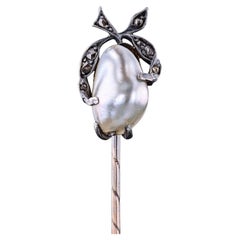 Victorian Pearl and Diamond Stickpin of 14k Gold and Silver