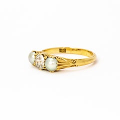 Victorian Pearl and Diamond Three-Stone 18 Karat Gold Ring
