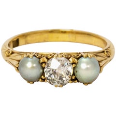 Victorian Pearl and Diamond Three-Stone 18 Karat Gold Ring