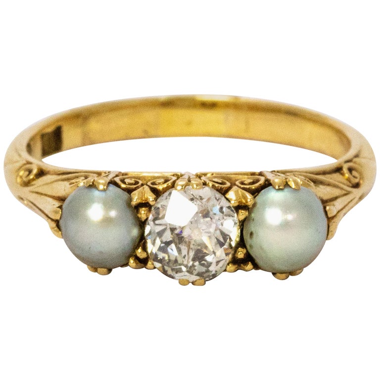 Victorian Pearl and Diamond Three-Stone 18 Karat Gold Ring at 1stDibs