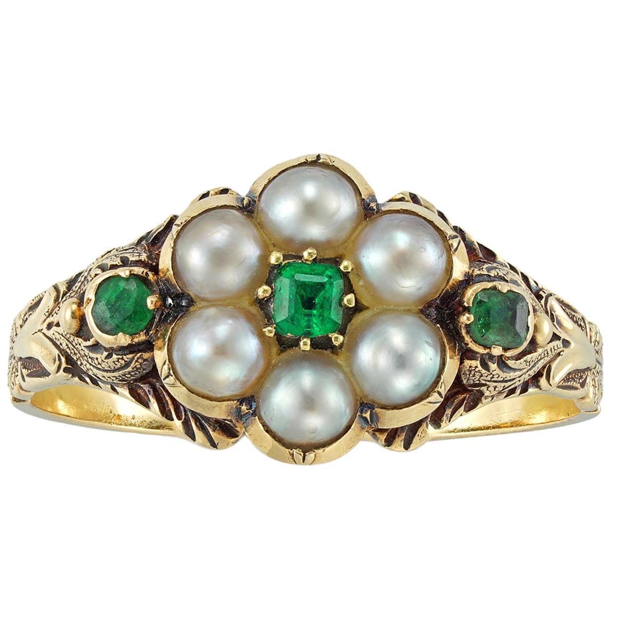 Victorian Pearl and Emerald Mourning Ring