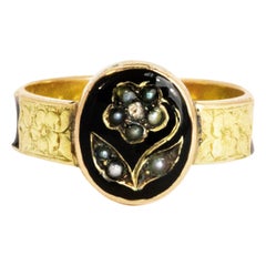Victorian Pearl and Enamel 9 Carat Gold Forget Me Not Mourning Ring