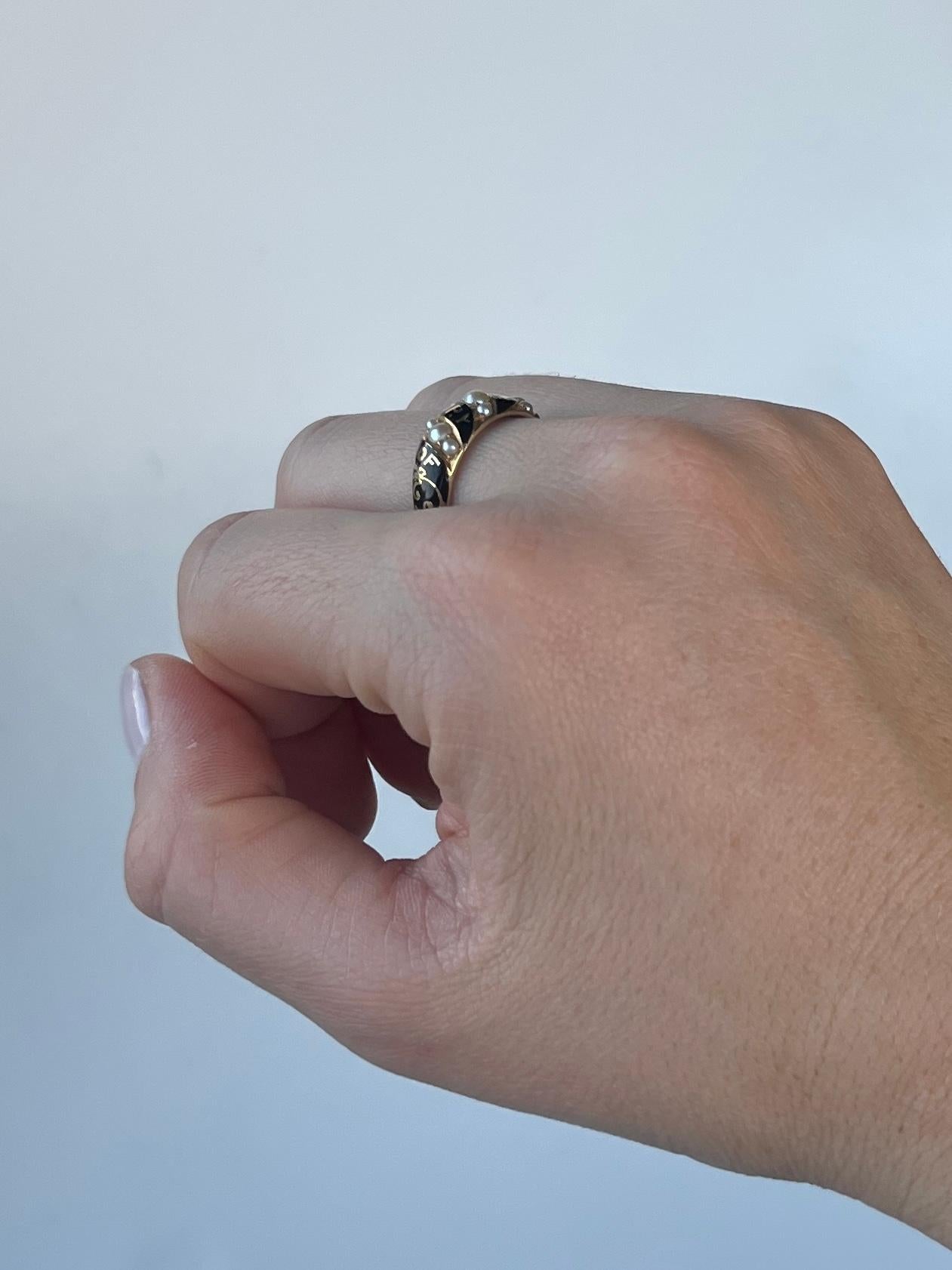 Uncut Victorian Pearl and Enamel 9 Carat Gold Mourning Ring For Sale