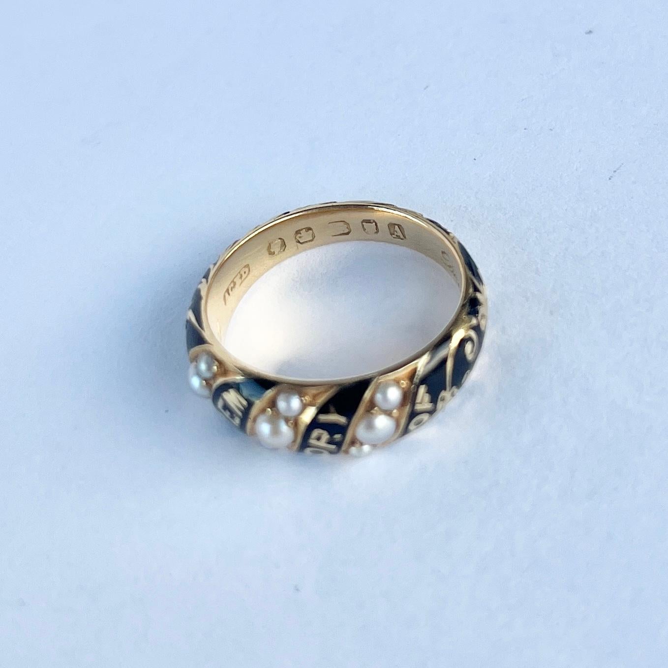 Victorian Pearl and Enamel 9 Carat Gold Mourning Ring For Sale 1