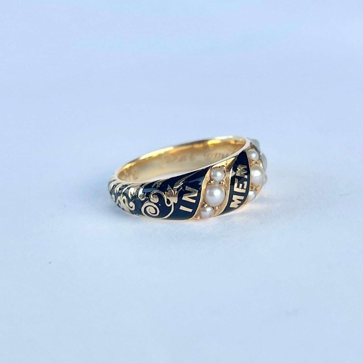 Victorian Pearl and Enamel 9 Carat Gold Mourning Ring For Sale 2
