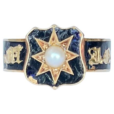 Victorian Pearl and Enamel 9 Carat Gold Mourning Ring