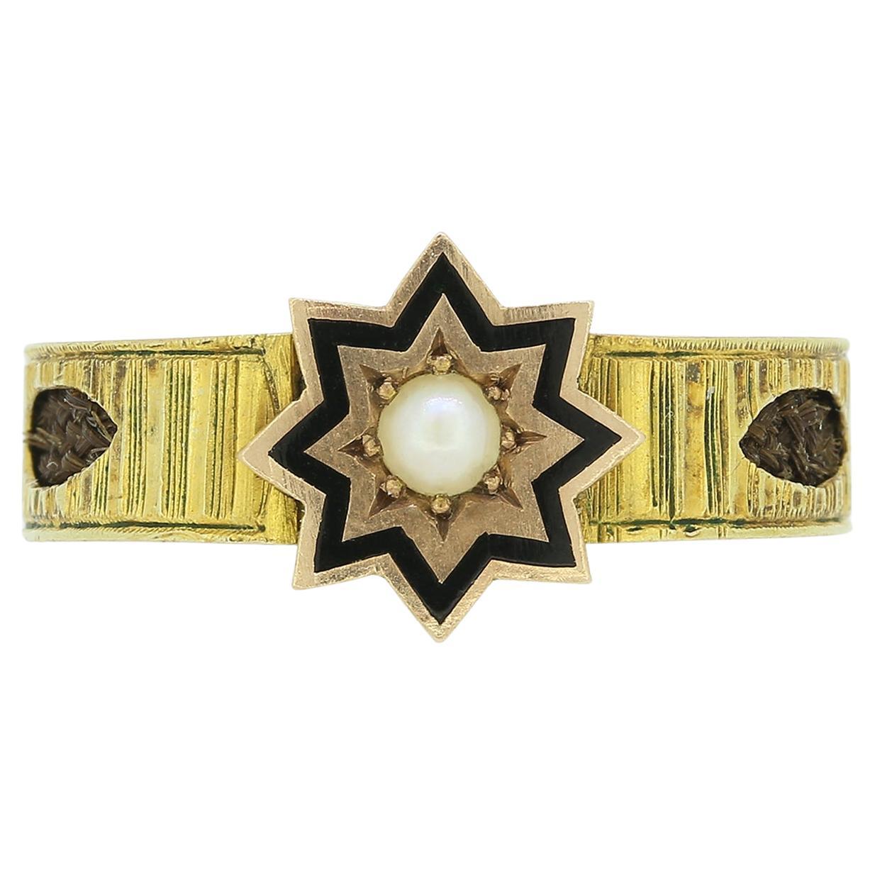 Victorian Pearl and Enamel Star Mourning Ring For Sale