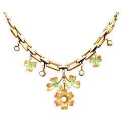 Viktorianische Halskette aus Gelbgold mit Perlen und Emaille