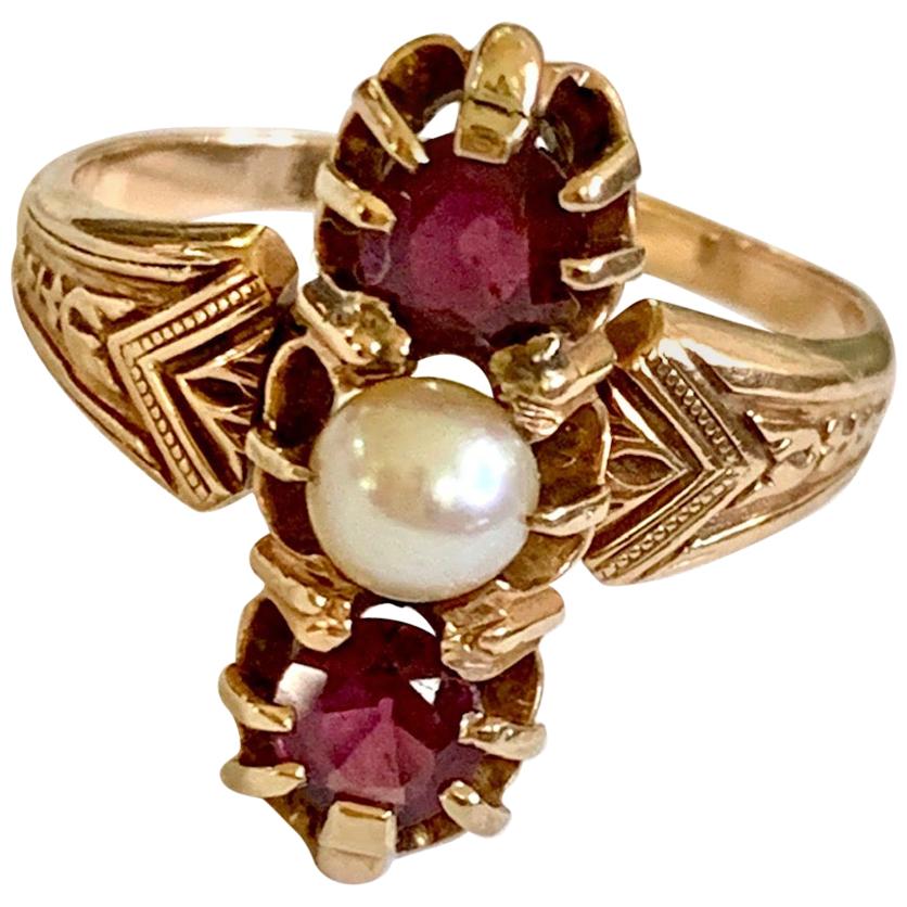 Victorian Pearl and Garnet 14 Karat Yellow Gold Ring - Size 11