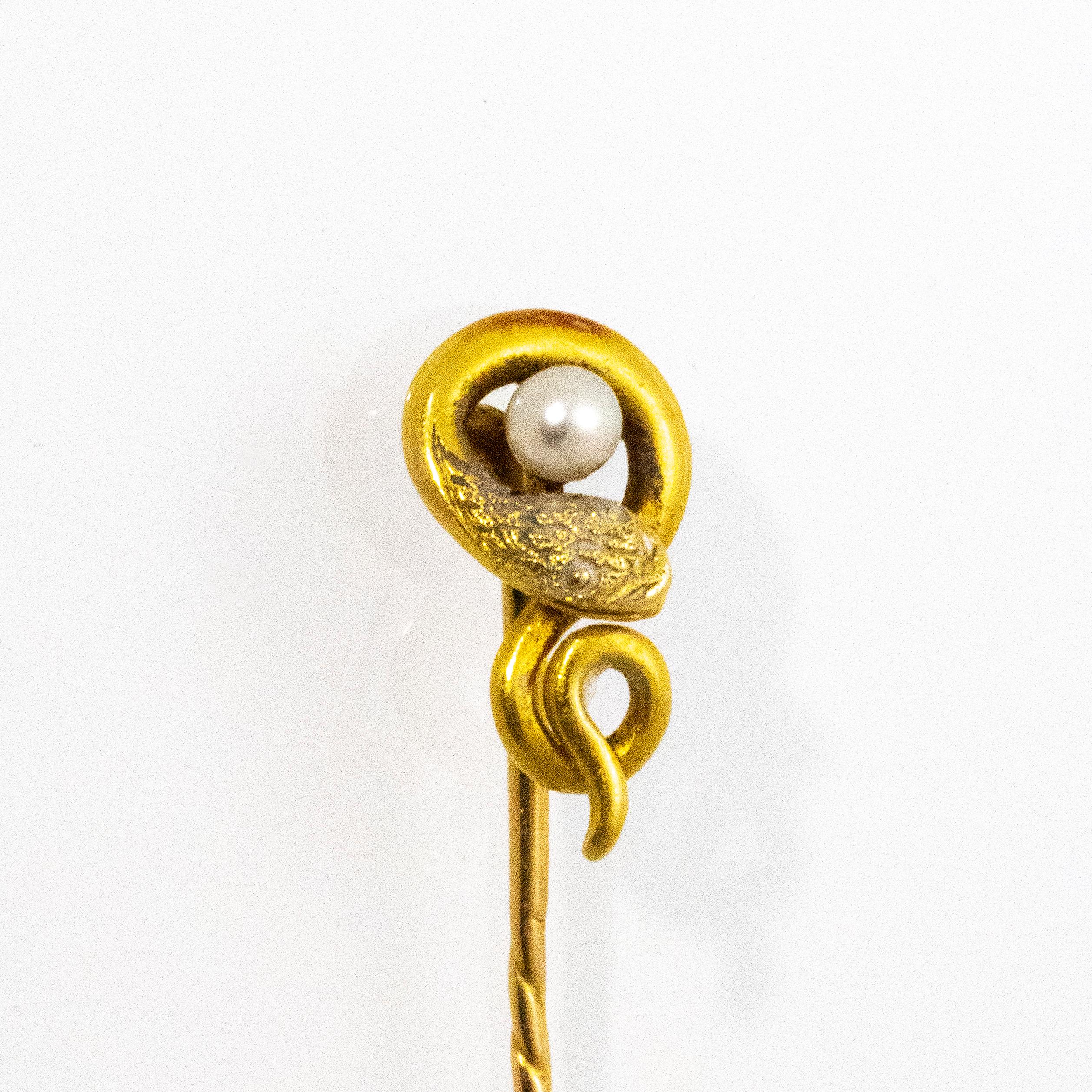 Victorian Pearl and Gold Serpent Pin 3