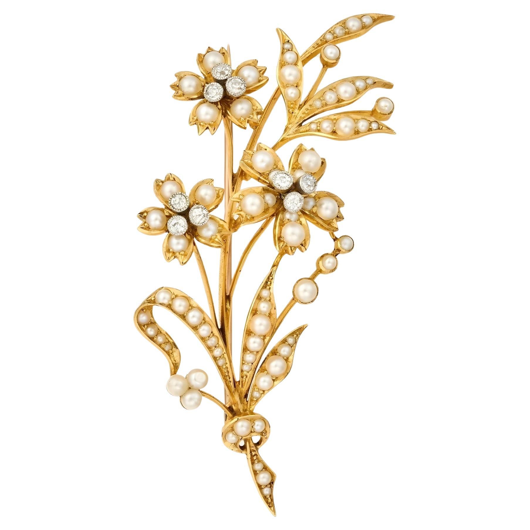 Flower Brooch Victorian Antique 15ct Gold Pearl & Diamond, Circa 1880