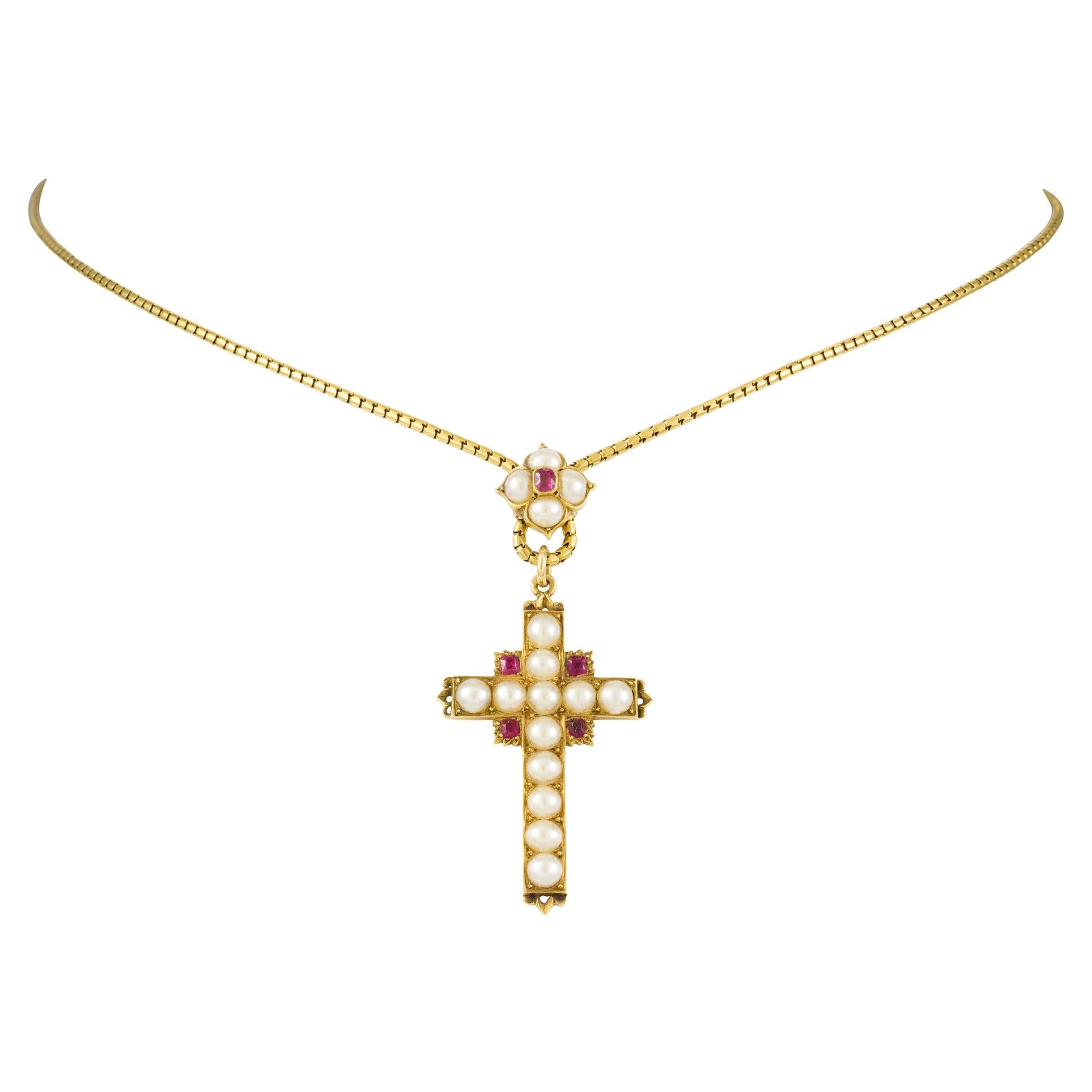 Victorian Pearl and Ruby Cross For Sale