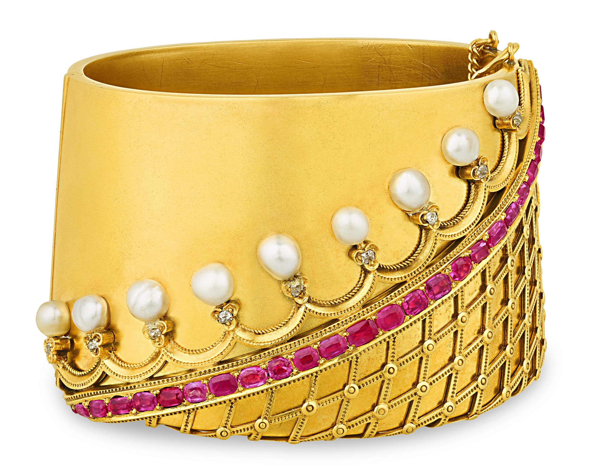 Victorian Pearl and Ruby Cuff In Excellent Condition For Sale In New Orleans, LA