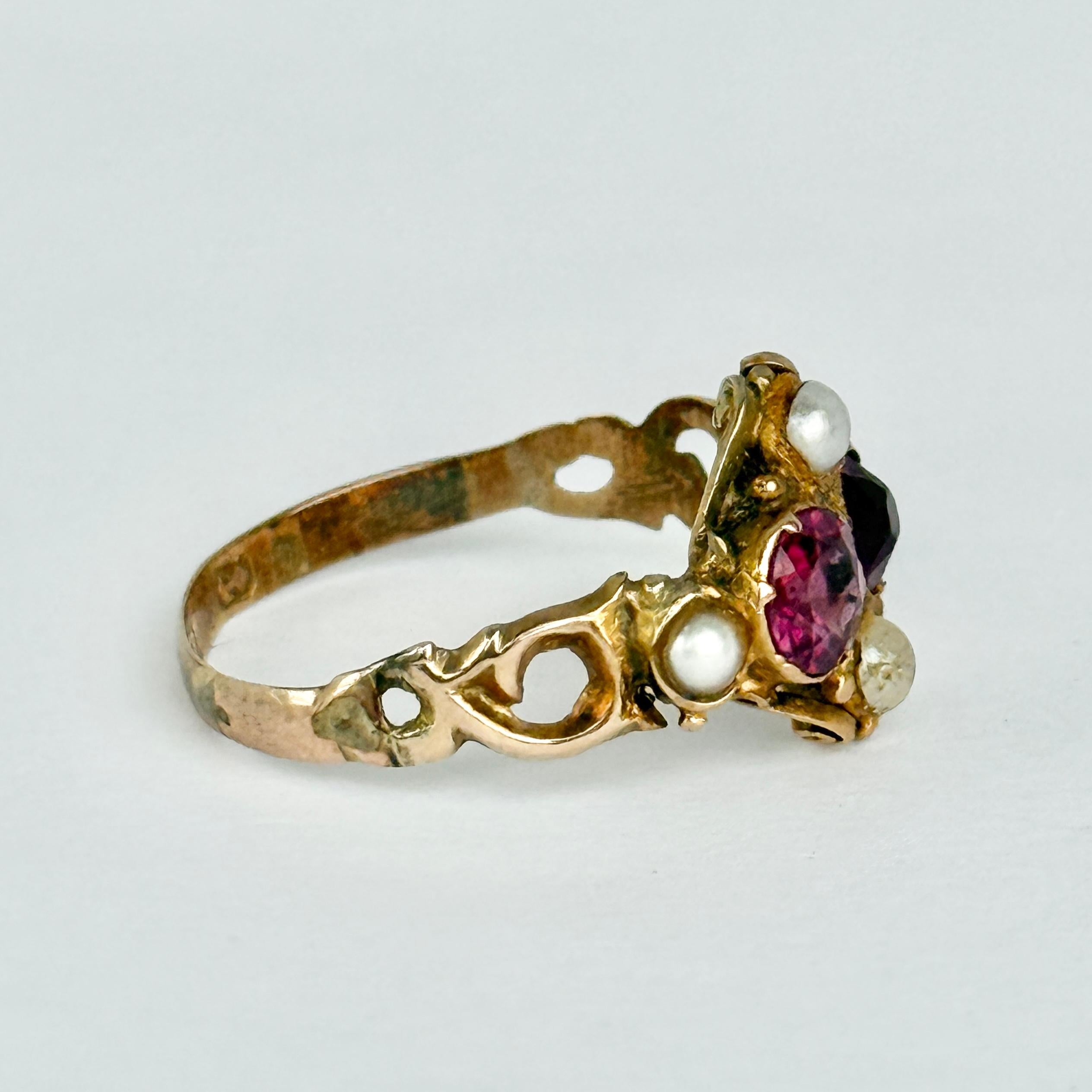 da uomo o donna Anello vittoriano con perle e tormalina in oro 15 carati in vendita