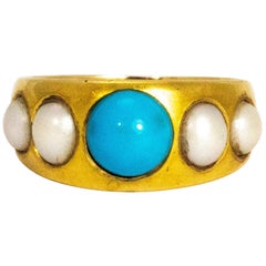 Victorian Pearl and Turquoise 18 Carat Gold Ring